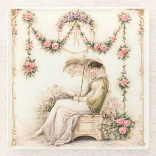 Posavasos De Vidrio Jardín de Rosas Regencia Leyendo Dama