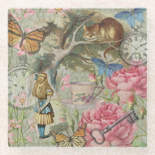 Posavasos De Vidrio Jardín del árbol de las maravillas del gato Alice  (Anverso)