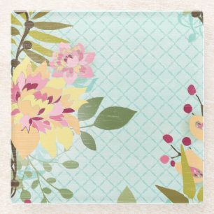 Posavasos De Vidrio Jardín floral, fondo azul