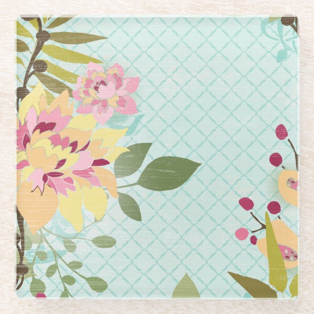 Posavasos De Vidrio Jardín floral, fondo azul (Anverso)