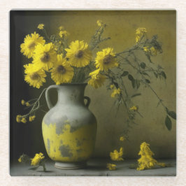 Posavasos De Vidrio Jarrón Antiguo de Flores Amarillas