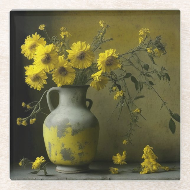 Posavasos De Vidrio Jarrón Antiguo de Flores Amarillas (Anverso)