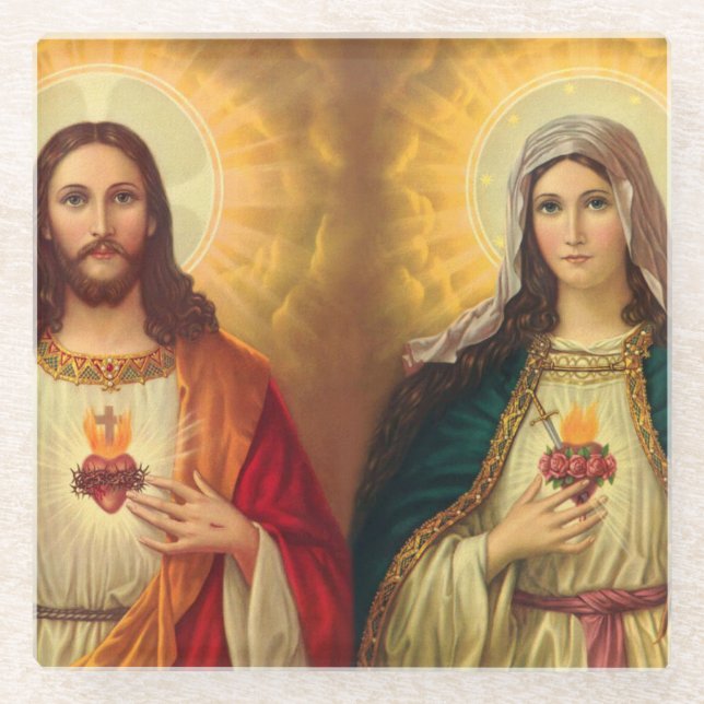 Posavasos De Vidrio Jesús y Virgen María Sagrado Corazón (Anverso)