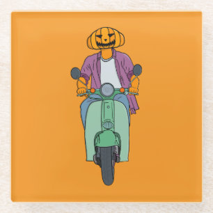 Posavasos De Vidrio Jinete de calabaza en scooter de menta