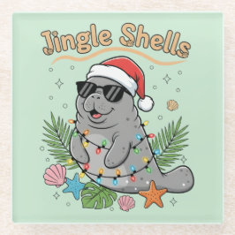 Posavasos De Vidrio Jingle Shells Tropical Santa Manatee Christmas