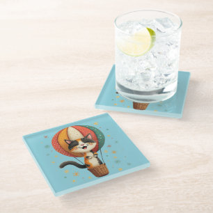 Posavasos De Vidrio Joyful Calico Cat Sky Adventure Ilustracion