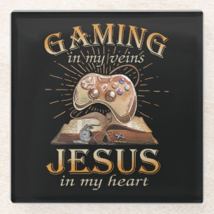 Posavasos De Vidrio Juegos en mis venas Jesús en mi corazón