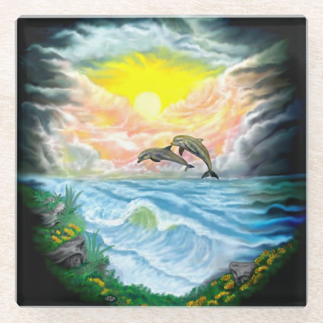 Posavasos De Vidrio Jugando a los delfines al sol (Anverso)