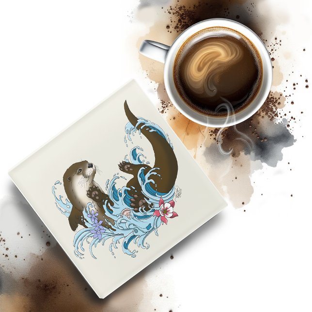 Posavasos De Vidrio Juguuetón Azul Nutria de Río Caprichosa Salpicadur (Subido por el creador)