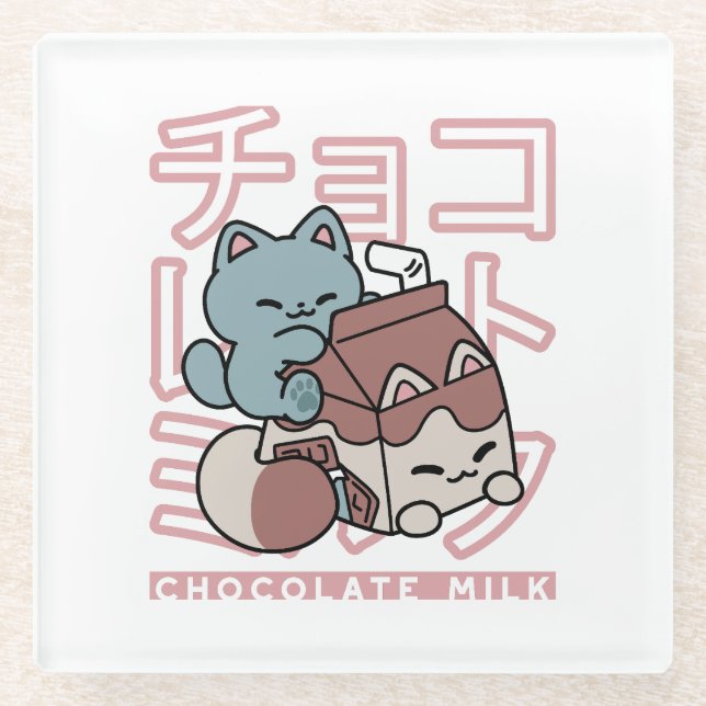Posavasos De Vidrio Kawaii Cat with Chocolate Milk – Japanese Pop Art  (Anverso)