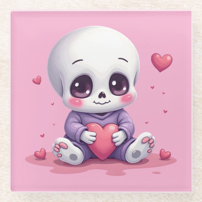 Posavasos De Vidrio Kawaii Skeleton Holding Heart (Anverso)