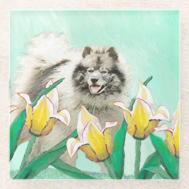 Posavasos De Vidrio Keeshond en tulipanes pintando arte original del p (Anverso)