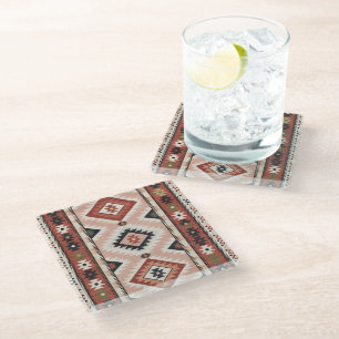 Posavasos De Vidrio Kilim Tribal del Suroeste Geométrico en Terracota