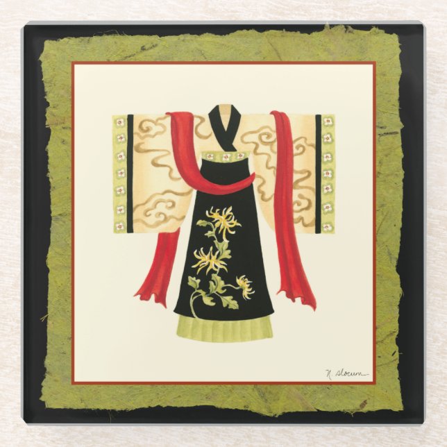 Posavasos De Vidrio Kimono japonés tradicional con impresión floral (Anverso)