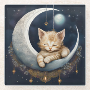 Posavasos De Vidrio Kitten Asleep On Crescent Moon (Objeto)