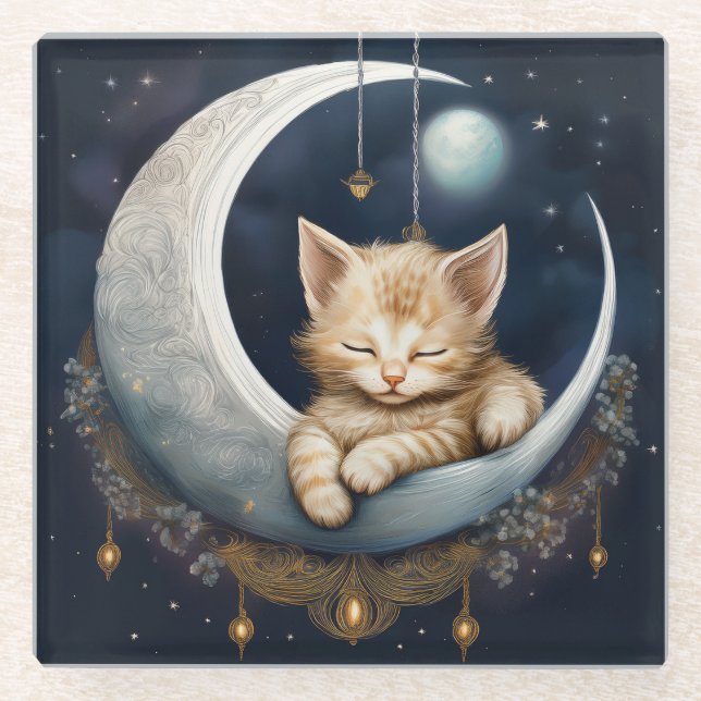 Posavasos De Vidrio Kitten Asleep On Crescent Moon (Objeto) (Anverso)