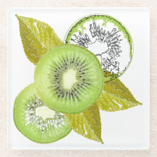 Posavasos De Vidrio Kiwi, frugal, verde y blanco, fresco, jugoso, blan