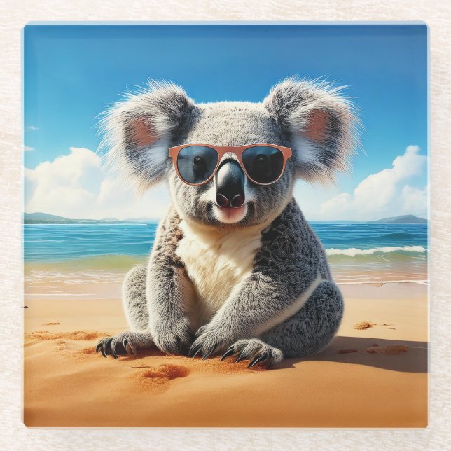 Posavasos De Vidrio Koala en una playa de arena (Anverso)