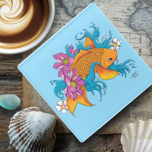 Posavasos De Vidrio Koi Fish Lotus Cherry Blossoms