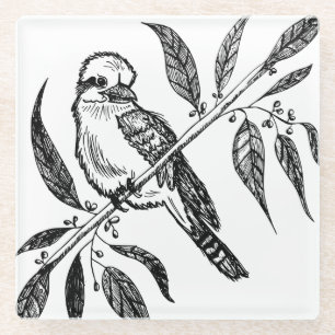 Posavasos De Vidrio Kookaburra en blanco y negro sobre el dibujo de un