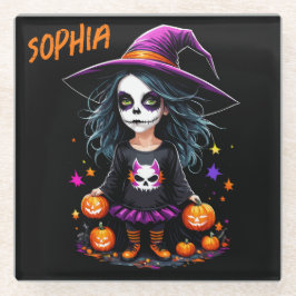 Posavasos De Vidrio La adorable bruja de Halloween de Kawaii