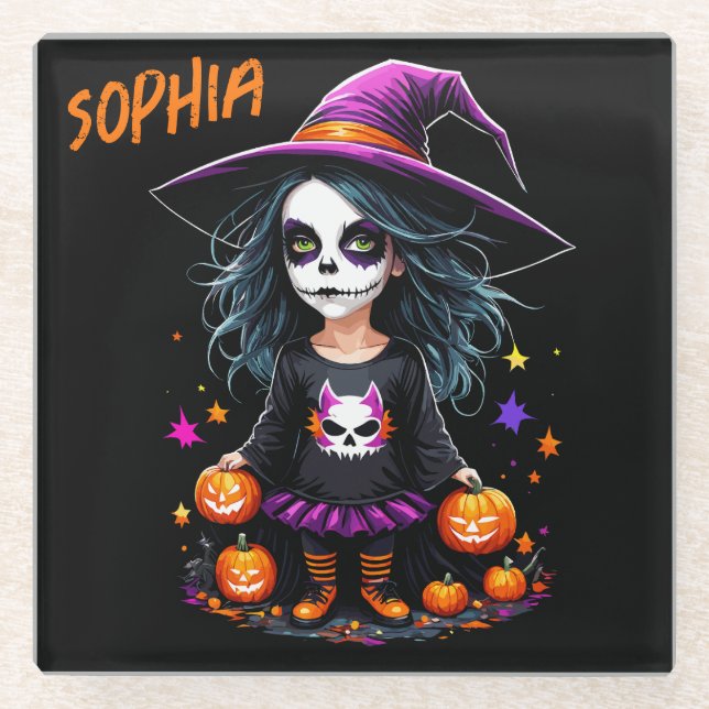 Posavasos De Vidrio La adorable bruja de Halloween de Kawaii (Anverso)