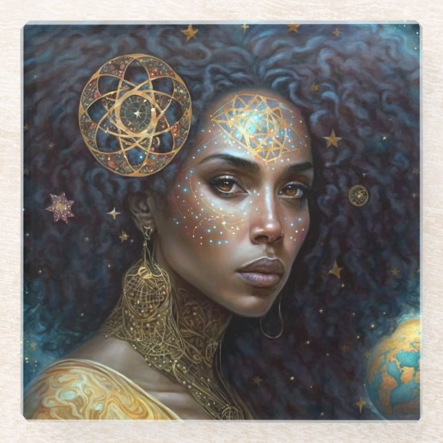 Posavasos De Vidrio La diosa negra afroamericana reina arte de fantasí (Anverso)