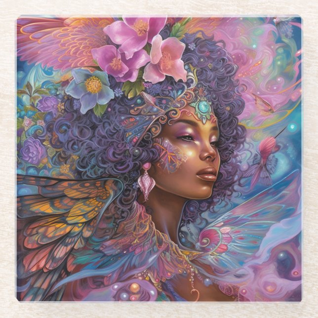 Posavasos De Vidrio La diosa negra afroamericana reina arte de fantasí (Anverso)