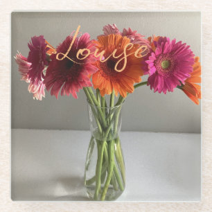 Posavasos De Vidrio La feliz flor de color Gerbera + nombre personaliz