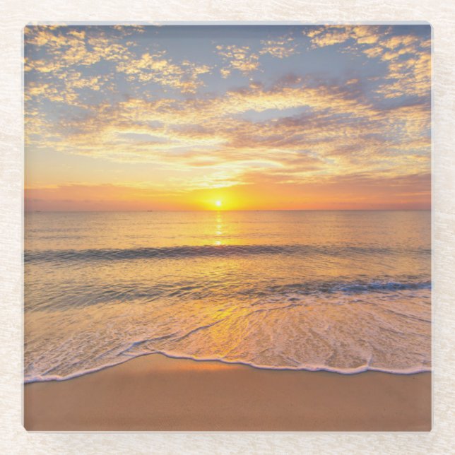 Posavasos De Vidrio La mañana Sun en la playa (Anverso)