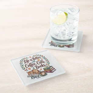 Posavasos De Vidrio La vida es mejor con café gatos libros