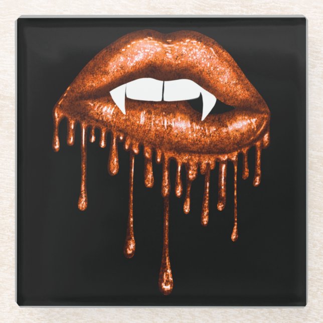 POSAVASOS DE VIDRIO LABIOS DE VAMPIRO NARANJA GOTEANDO ESPELUZNANTES D (Anverso)