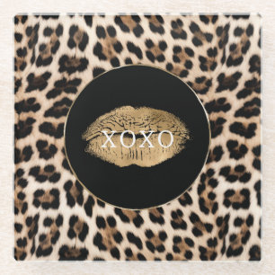 Posavasos De Vidrio Labios Dorados Estampado de Leopardo XOXO