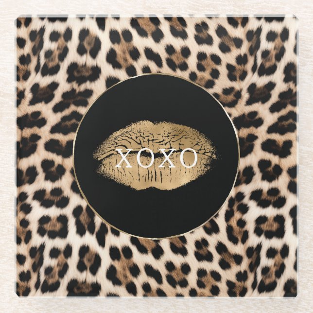 Posavasos De Vidrio Labios Dorados Estampado de Leopardo XOXO (Anverso)