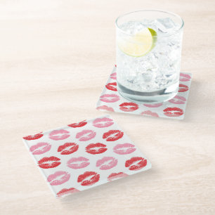 Posavasos De Vidrio Labios rojos y rosados, patrón de labios, lápiz la