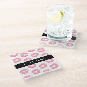 Posavasos De Vidrio Labios rosados, besos, pintalabios, tu nombre, per