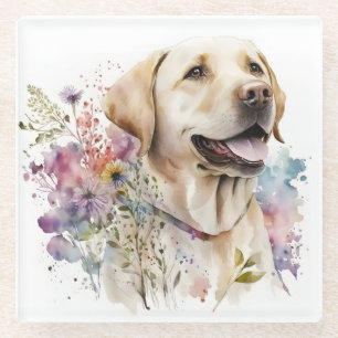 Posavasos De Vidrio Labrador Retriever Dorado y Flores a la Acuarela