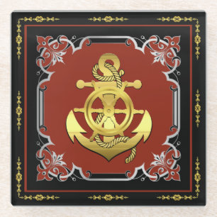 Posavasos De Vidrio Ladrillo rojo/oro/plata de anclaje/rueda del buque