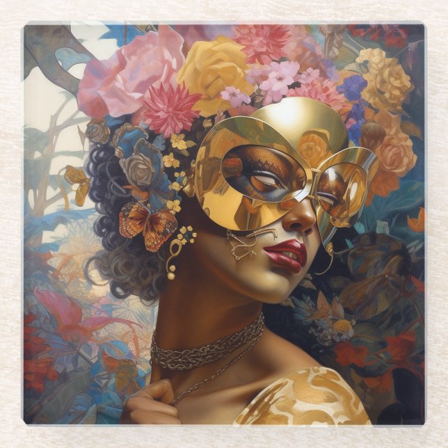 Posavasos De Vidrio Lady Viendo Máscara Negro Fantasía Arte (Anverso)