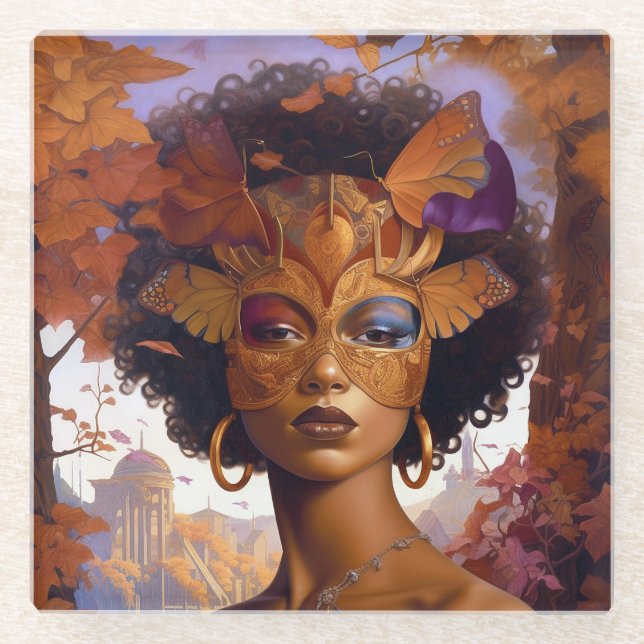 Posavasos De Vidrio Lady Viendo Máscara Negro Fantasía Arte (Anverso)