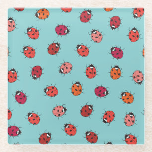 Posavasos De Vidrio Ladybugs, fondo azul, encantadora pieza sin costur