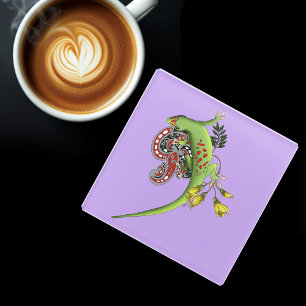Posavasos De Vidrio Lagarto Verde Tribal Lavanda Rojo