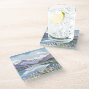 Posavasos De Vidrio Lago de Montaña Paisaje Floral Acuarela