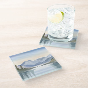Posavasos De Vidrio Lago Tahoe Paisaje montañoso de acuarela