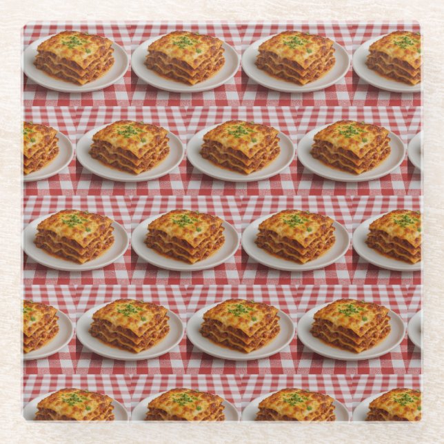 Posavasos De Vidrio Lasagna Red White Tablecloth Glass Coaster (Anverso)