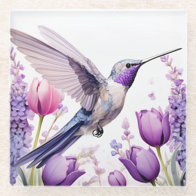 Posavasos De Vidrio Lavender Hummingbird surrounded by flowers (Anverso)