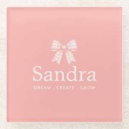 Posavasos De Vidrio Lazo de gingham rosa moderno con nombre y cita