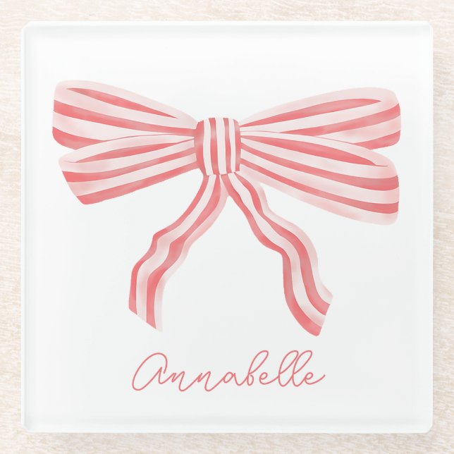 Posavasos De Vidrio Lazo de rayas rosa Coquette (Anverso)