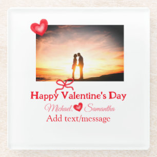 Posavasos De Vidrio Lazo rojo día de San Valentín añadir foto nombre c