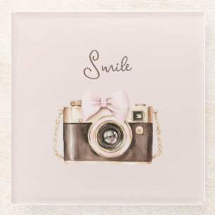 Posavasos De Vidrio Lazo Rosa Cámara Marrón Sonrisa